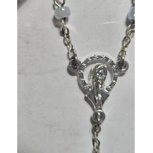 Rosary & Cross Baby VTG new Porcelain Faux Pearl Bead metal link Madonna & child - Picture 5 of 9